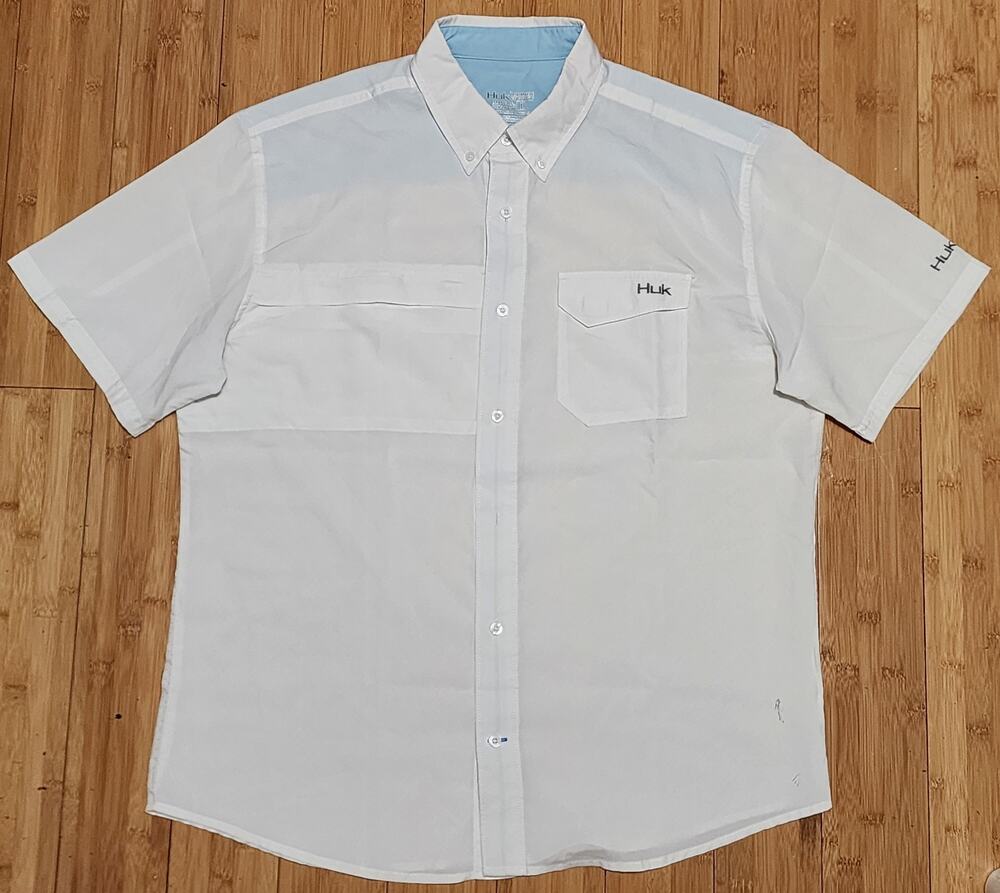Huk Tide Point Men's L White Short Sleeve Shirt Pockets Button Up Vented Fishing